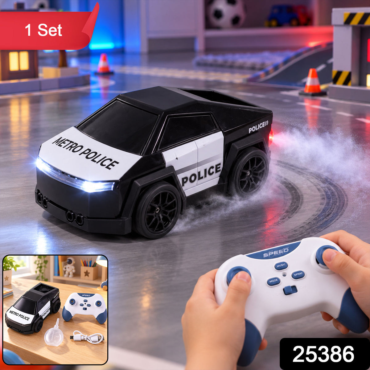 A child's hands operate a remote control, driving a black and white police car toy that produces mist, with an inset showing