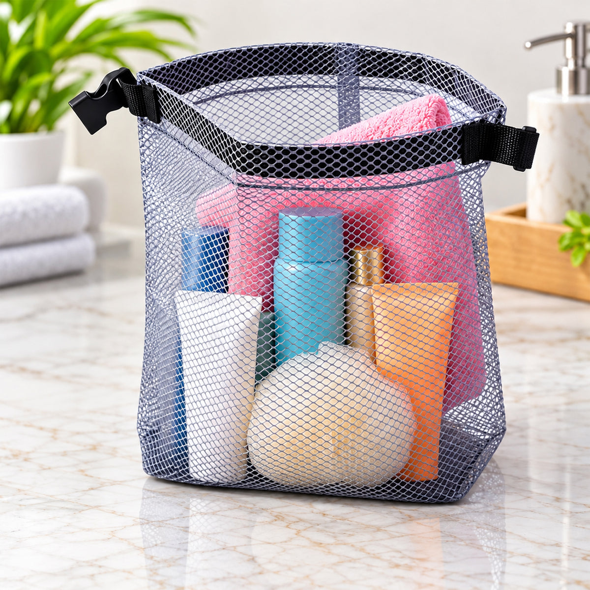 Mesh travel organizer pouch with buckle view 01