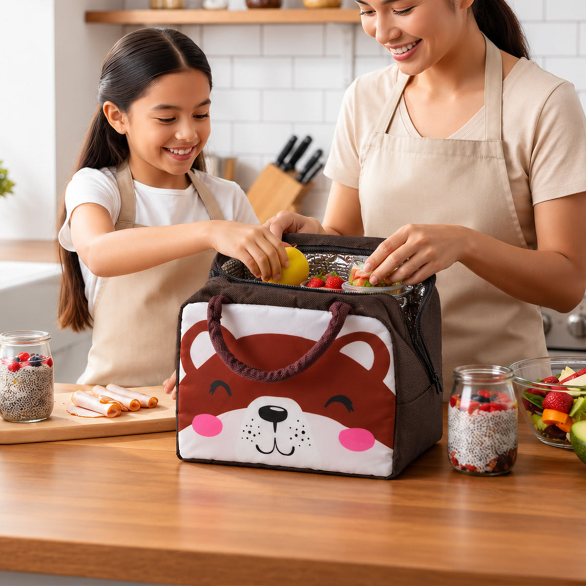Cartoon kids insulated lunch bag with bear print and handles
