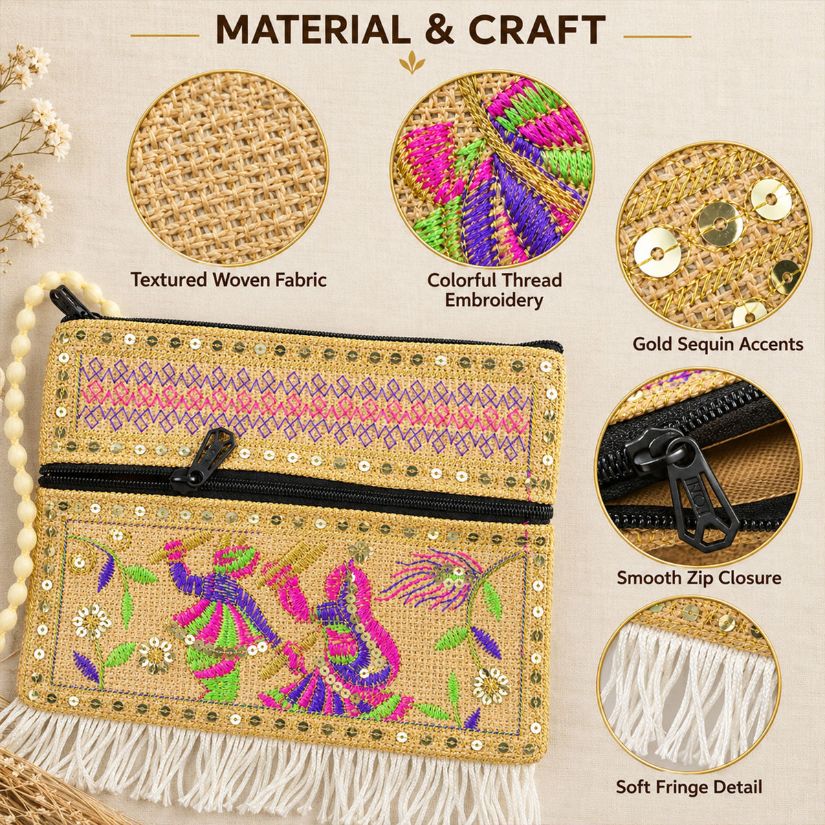 Ethnic sling fringe purse women