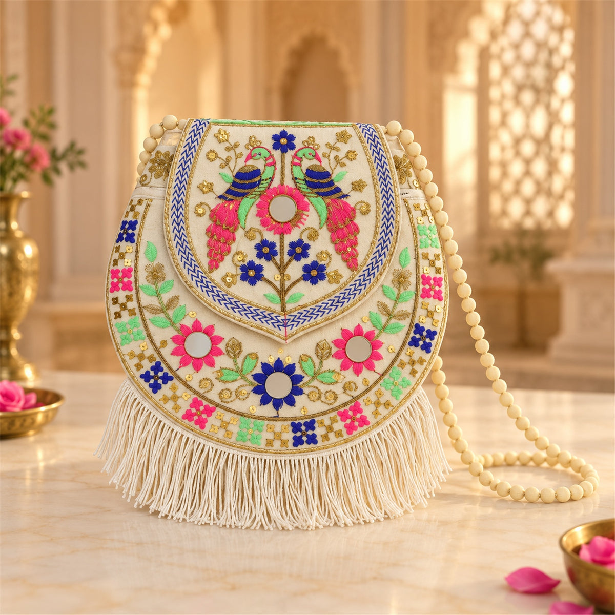 Traditional twin peacock embroidered fringe sling purse - product view 01
