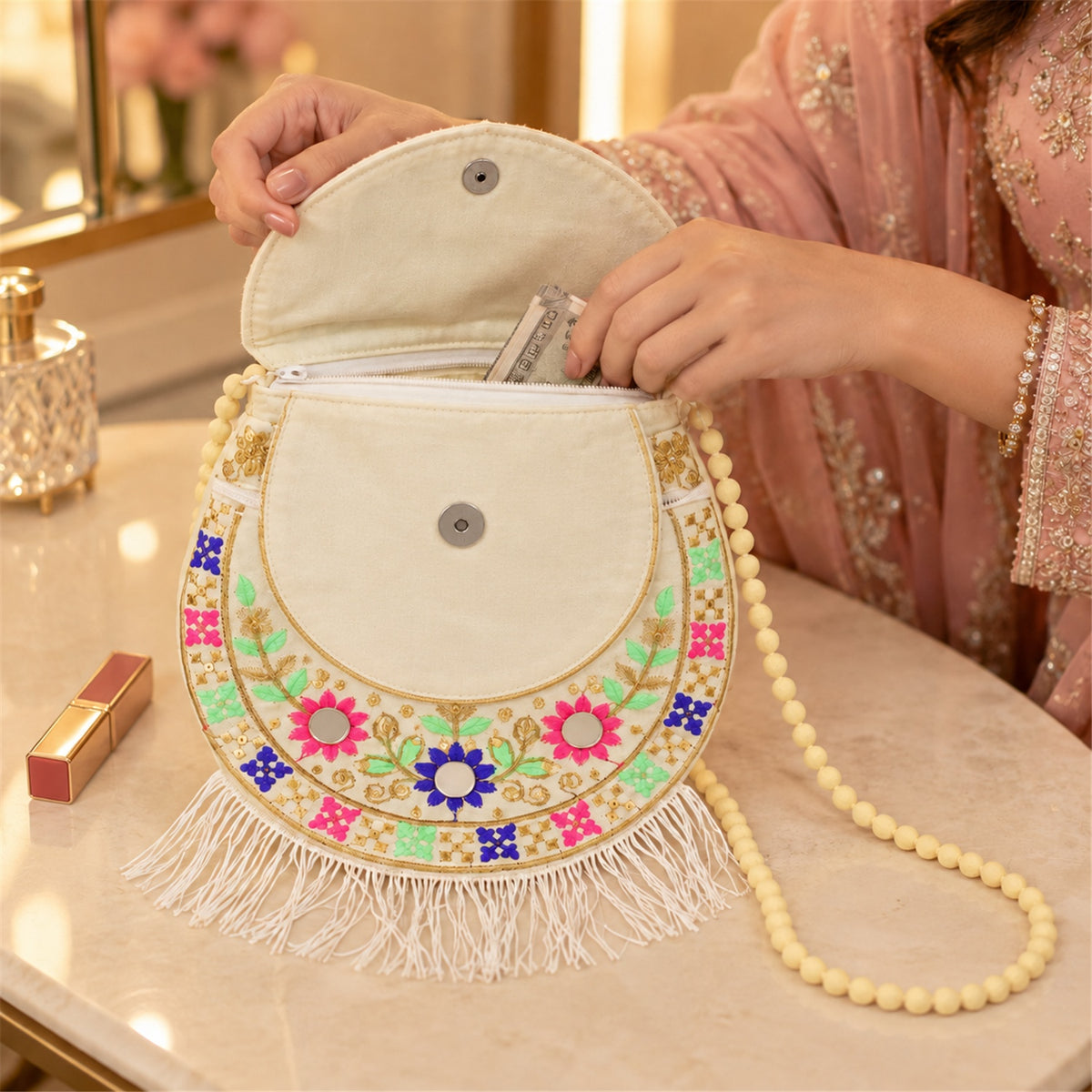 Traditional twin peacock embroidered fringe sling purse - product view 03