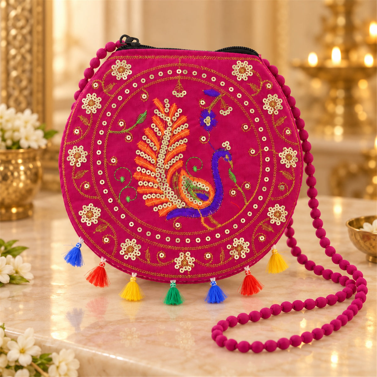 Ethnic peacock tassel purse women