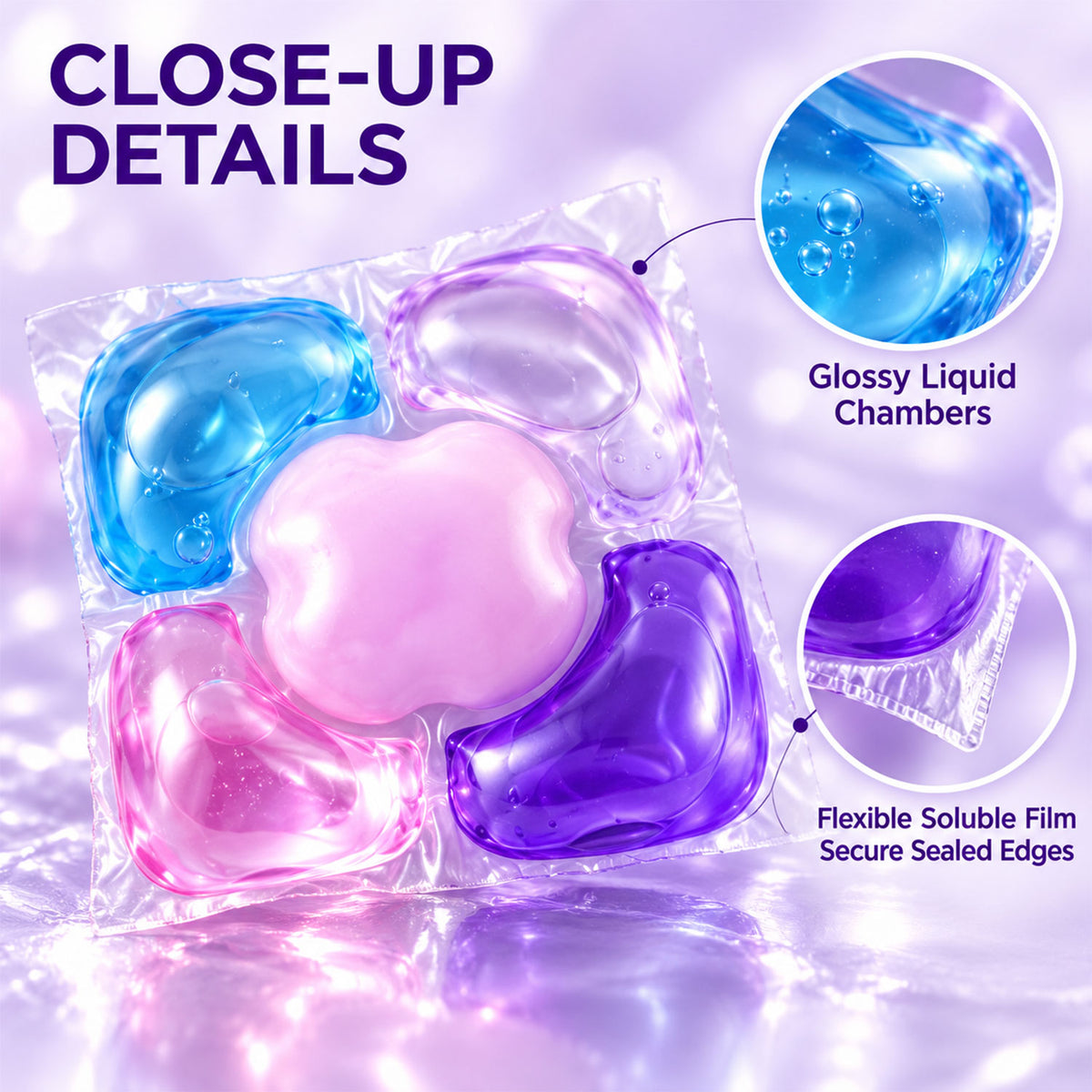 An open purple plastic container filled with numerous colorful laundry pods, with three individual pods arranged in front.