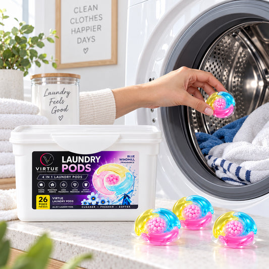 A hand places a vibrant pink, blue, and yellow laundry pod into a washing machine drum filled with blue towels.