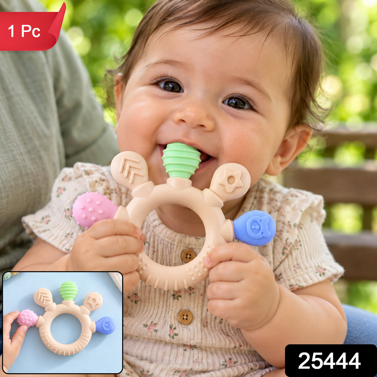 Soft silicone baby teether ring with textured ends 1 Pc label
