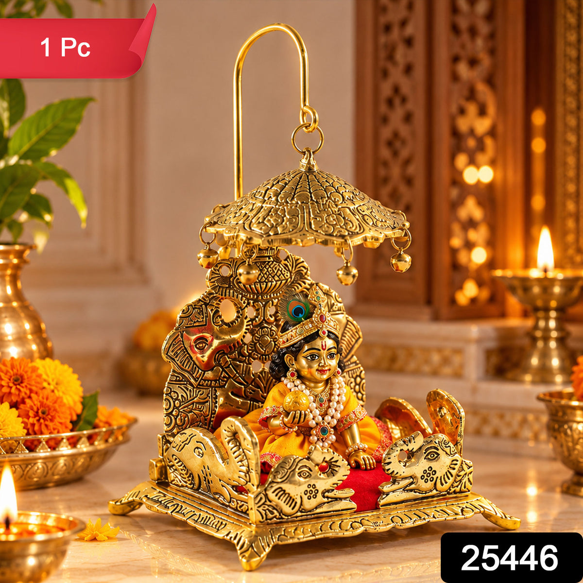 Decorative deity singhasan with elephant motifs, red seat and chhatra, supplied SKU photo