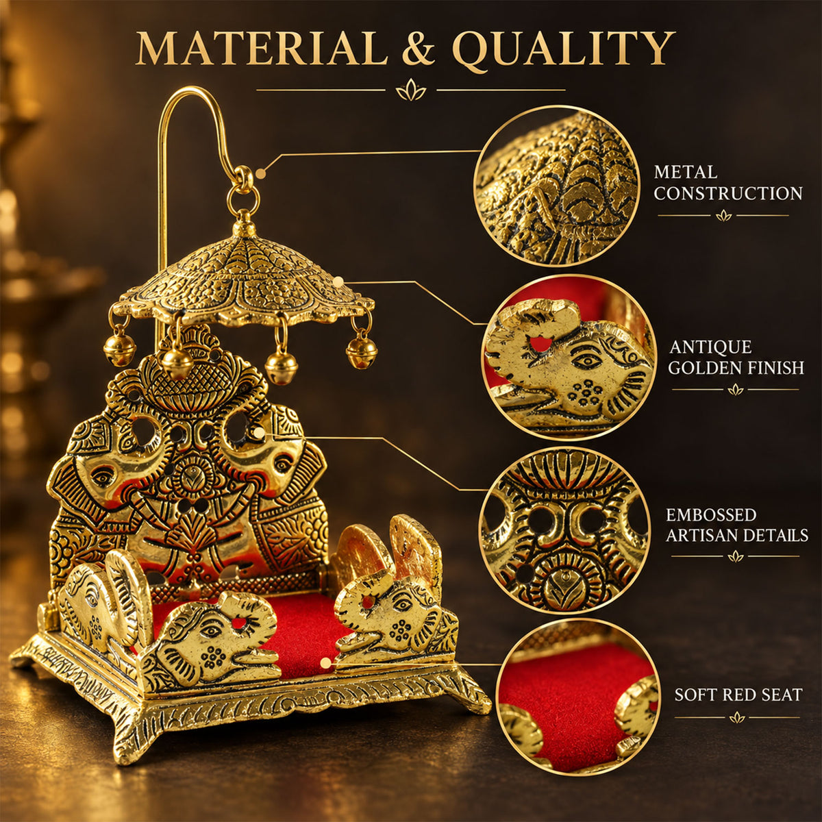 Decorative deity singhasan with elephant motifs, red seat and chhatra, product view 3