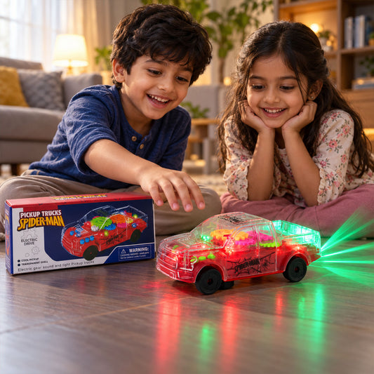 Two children happily playing with a clear red toy truck that illuminates with colorful lights and projects green beams.