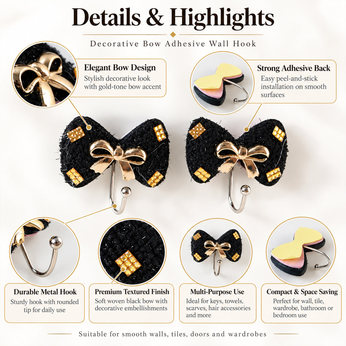 Decorative bow adhesive wall hooks - product view 06