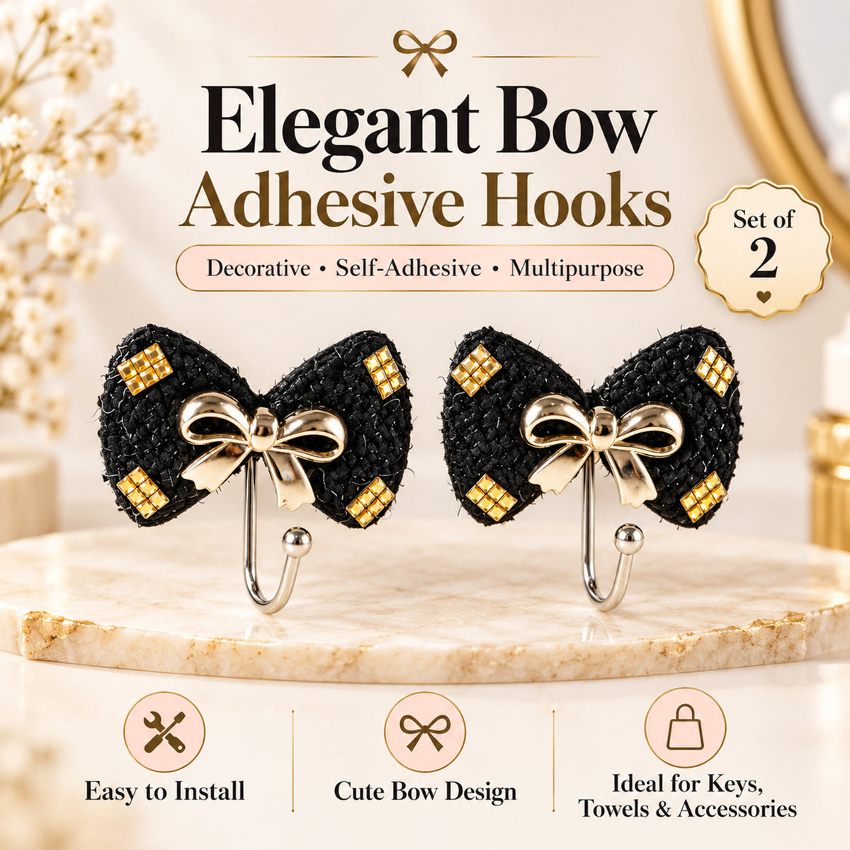 Decorative bow adhesive wall hooks - product view 08