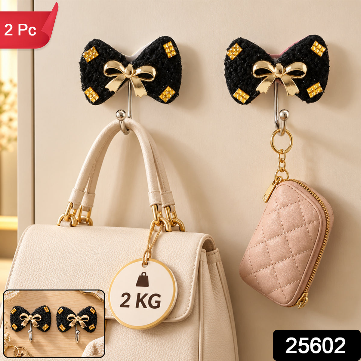 Decorative bow adhesive wall hooks - SKU and 2 Pc set