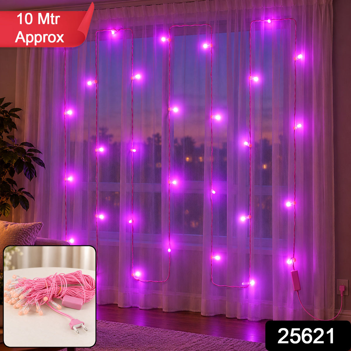 Pink wire LED curtain string lights - SKU and approximate length