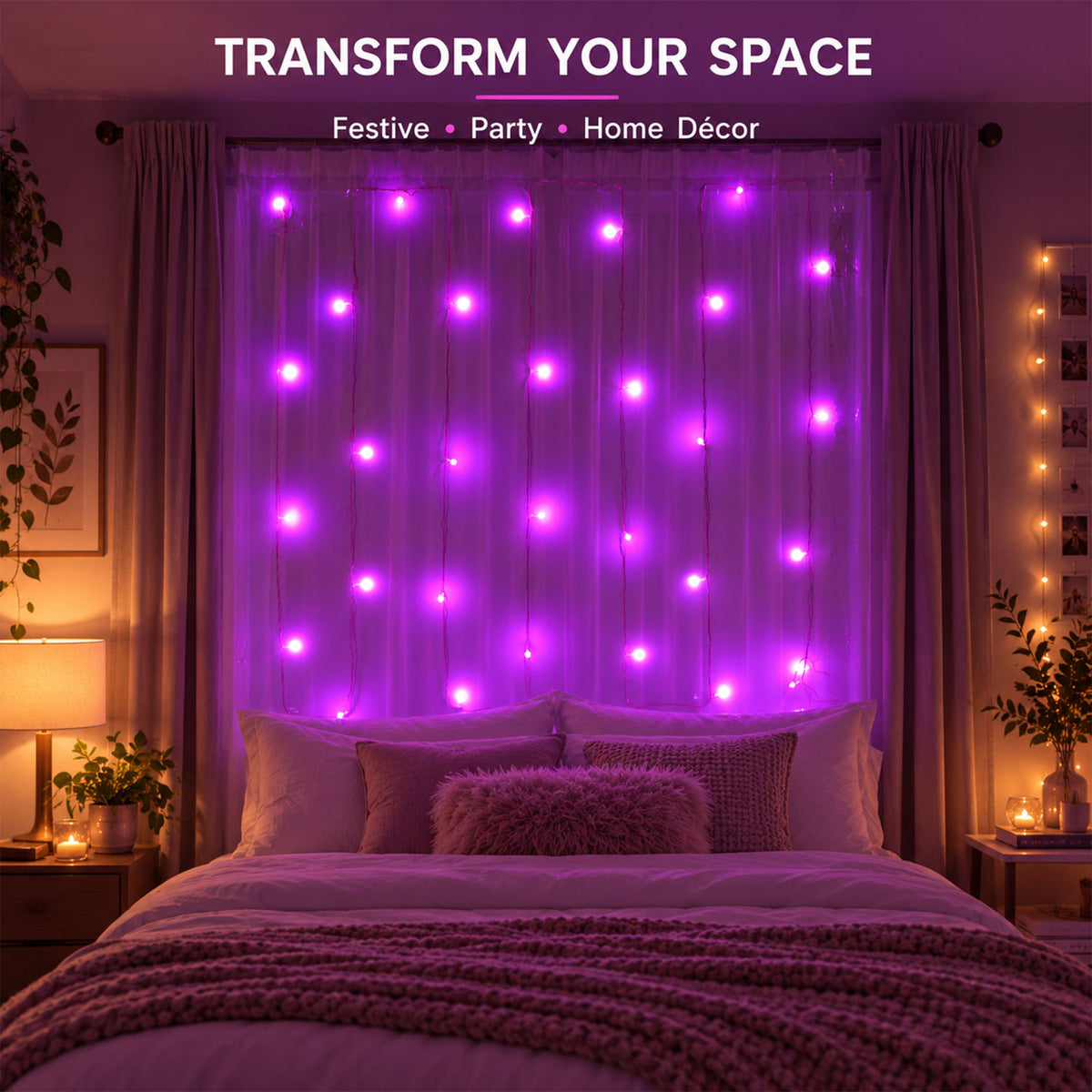 Pink wire LED curtain string lights - bedroom display