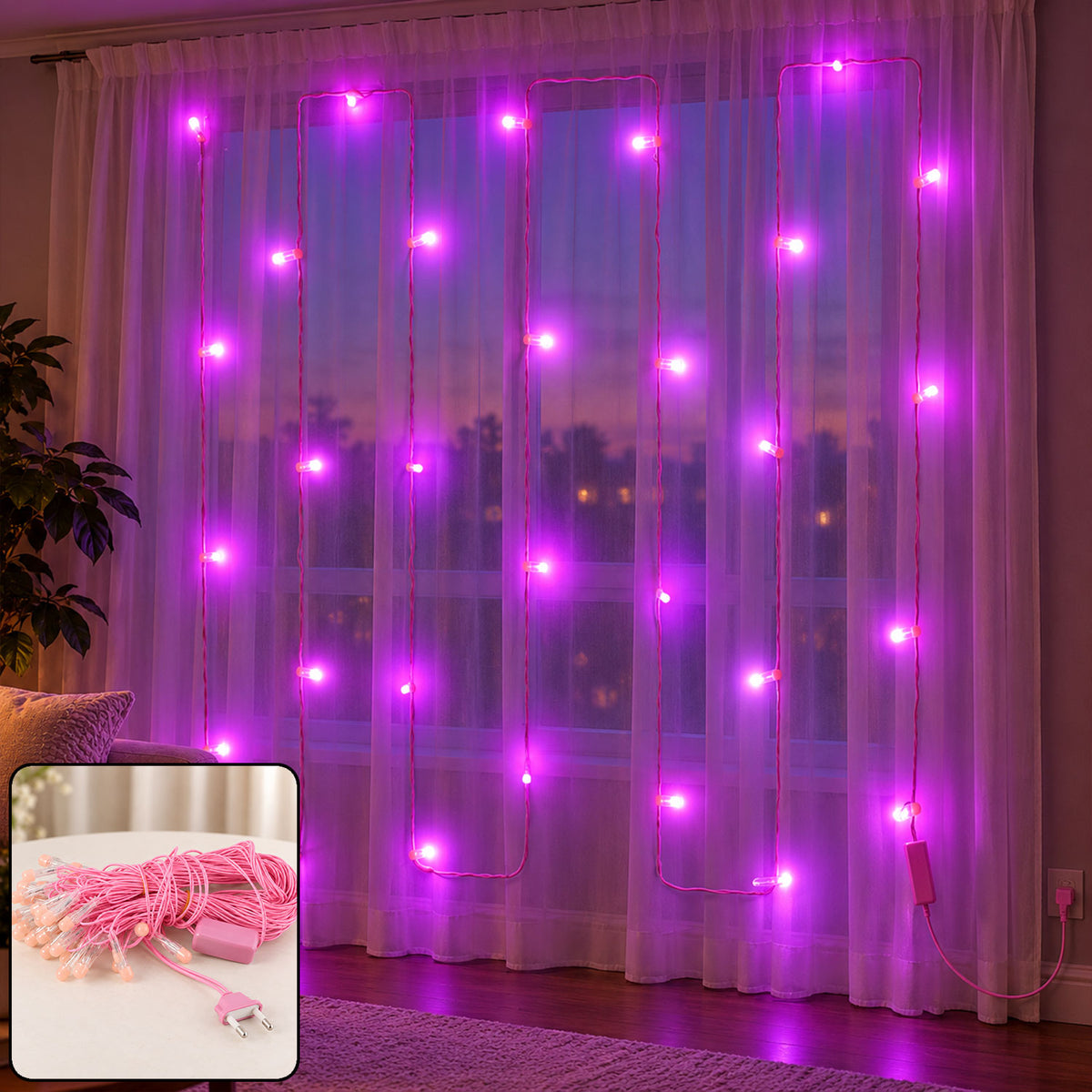 Pink wire LED curtain string lights - product inset