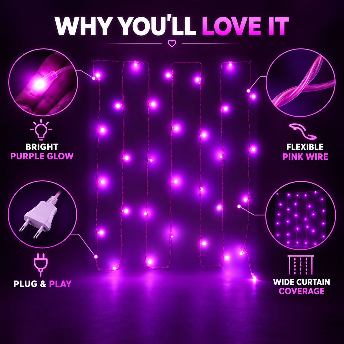 Pink wire LED curtain string lights - decorative features