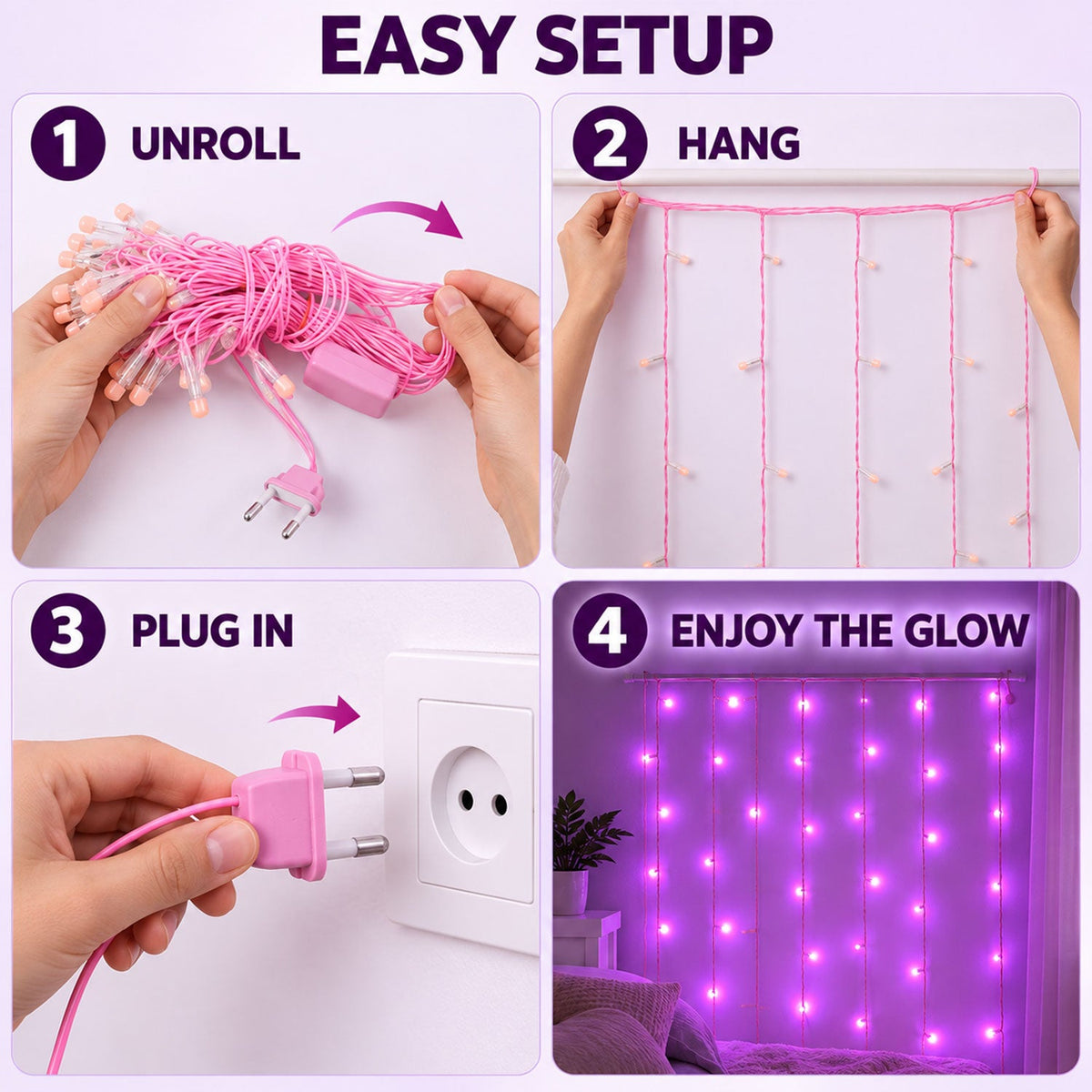 Pink Wire LED Curtain String Light Series for Festive Party Decor (10 Mtr)