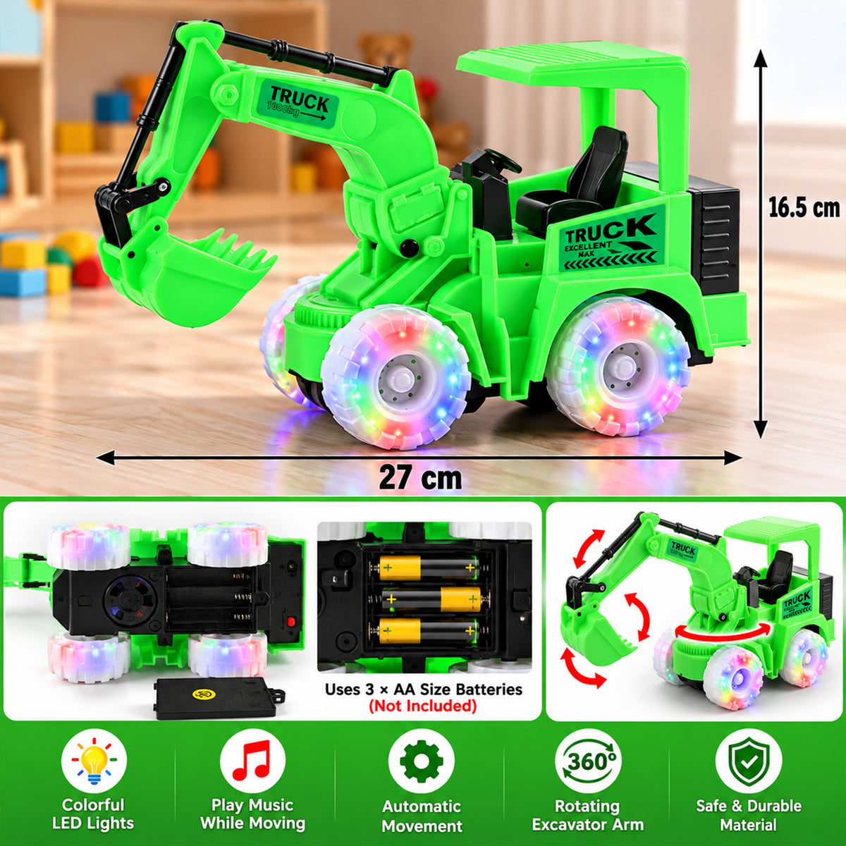 Musical excavator truck toy with RGB lights - dimensions