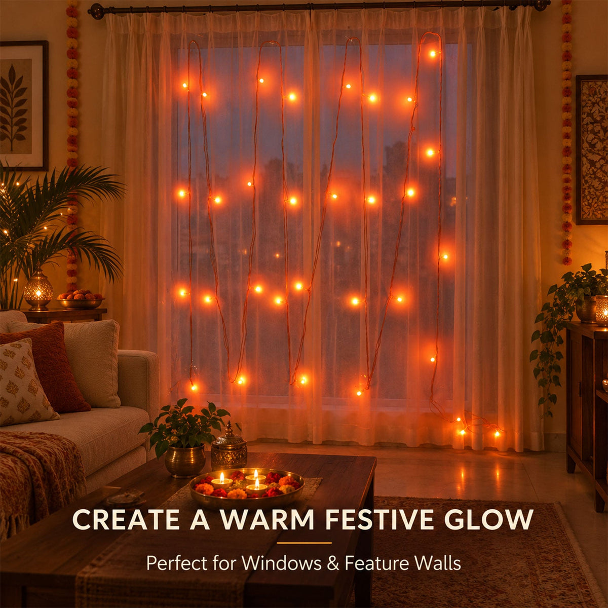 Orange LED Curtain String Light Series for Festival Party Decor (10 Mtr)