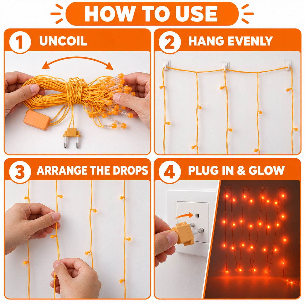 Orange LED Curtain String Light Series for Festival Party Decor (10 Mtr)