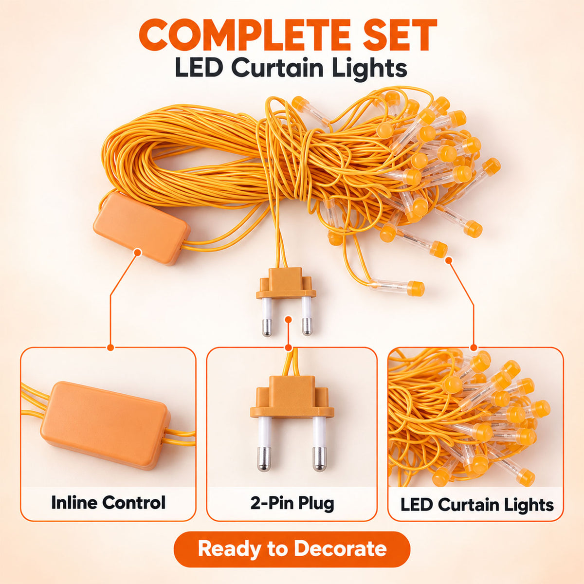 Orange LED curtain string lights - complete light set