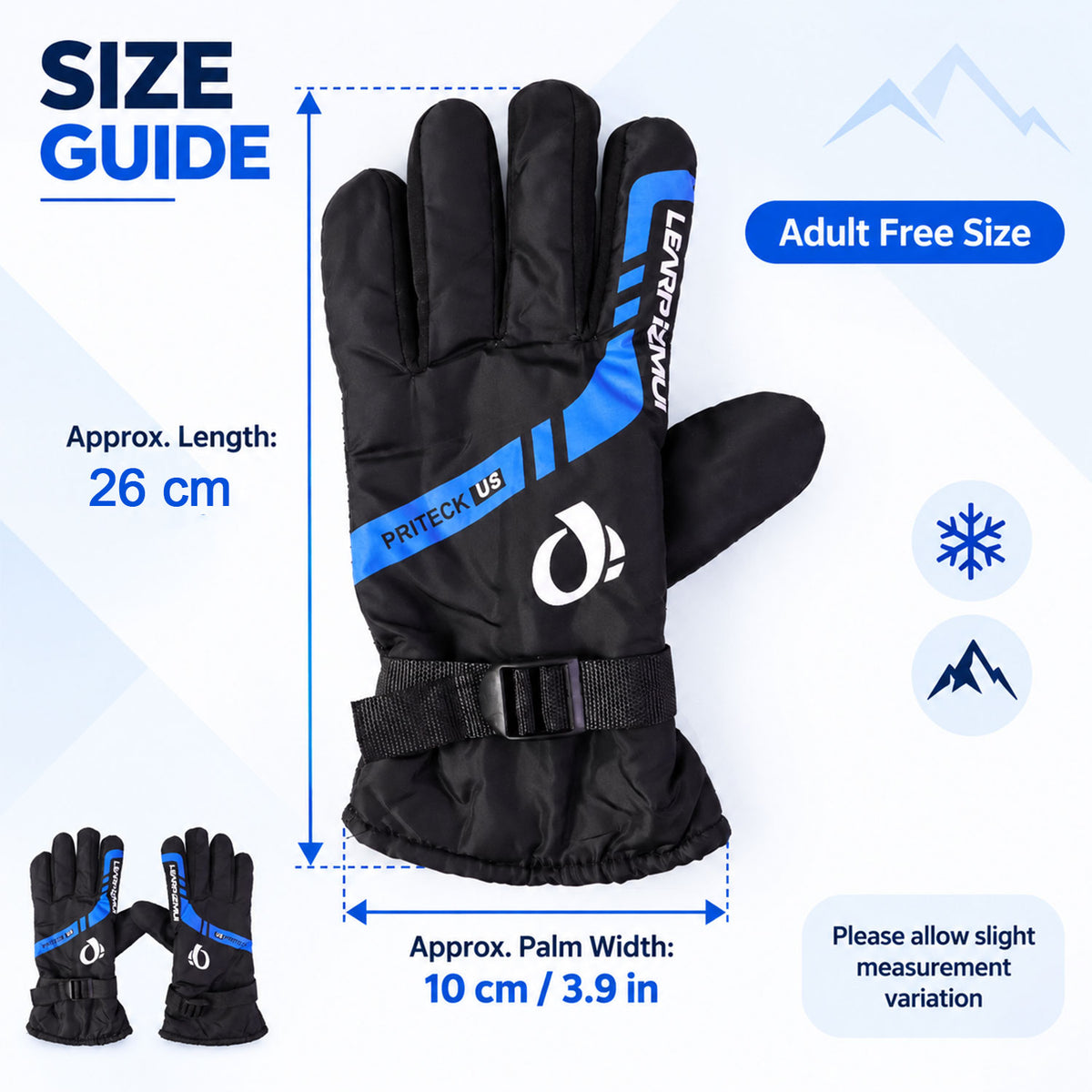 Winter full-finger gloves with adjustable wrist buckle, dimensions