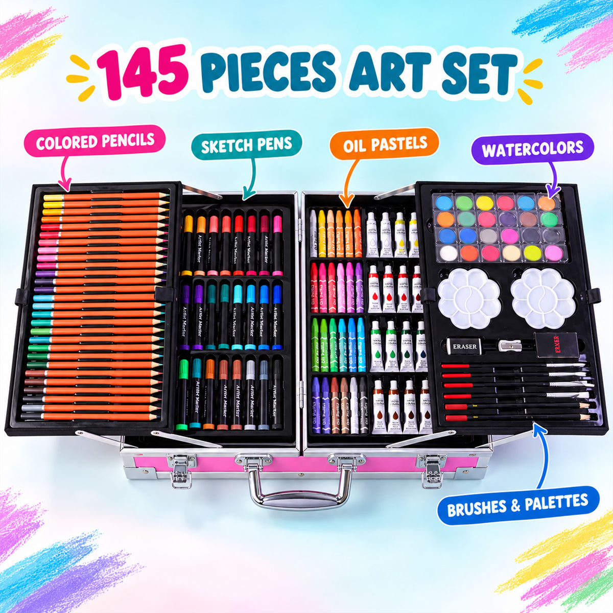 An open pink art kit displays colored pencils, sketch pens, oil pastels, watercolors, brushes, and palettes.