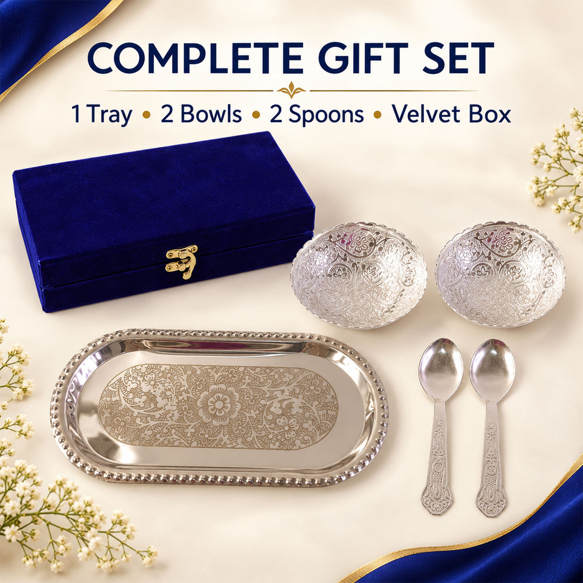 Decorative dry fruit serving set with bowls spoons tray and velvet box 06