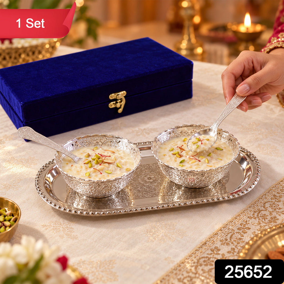 Decorative dry fruit serving set with bowls spoons tray and velvet box 1 Set label
