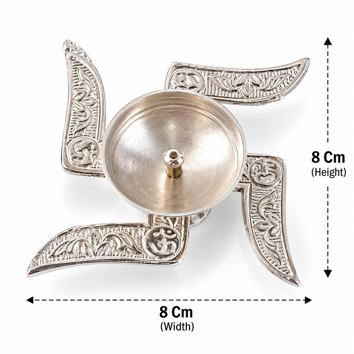 Silver finish traditional Swastik design diya with velvet box approximate dimensions