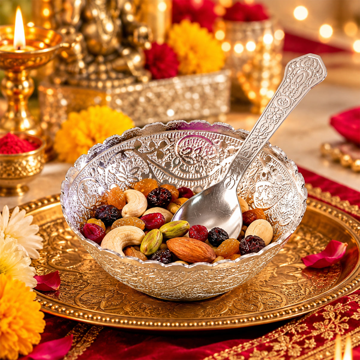 Silver finish floral serving bowl with spoon and velvet box 06