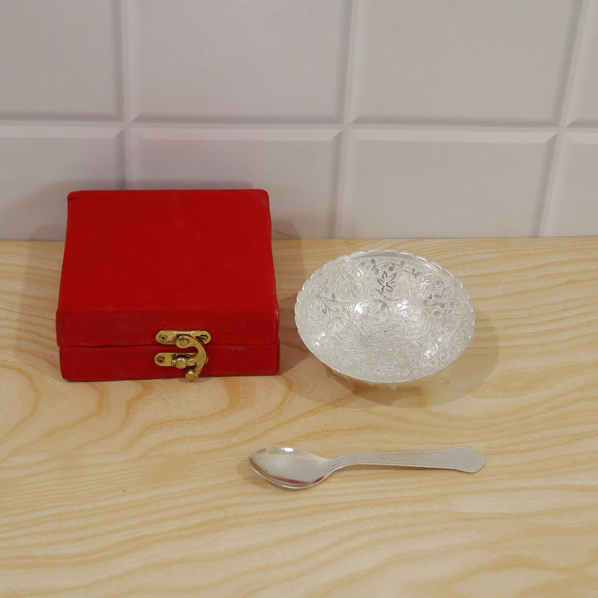 Silver finish floral serving bowl with spoon and velvet box actual product
