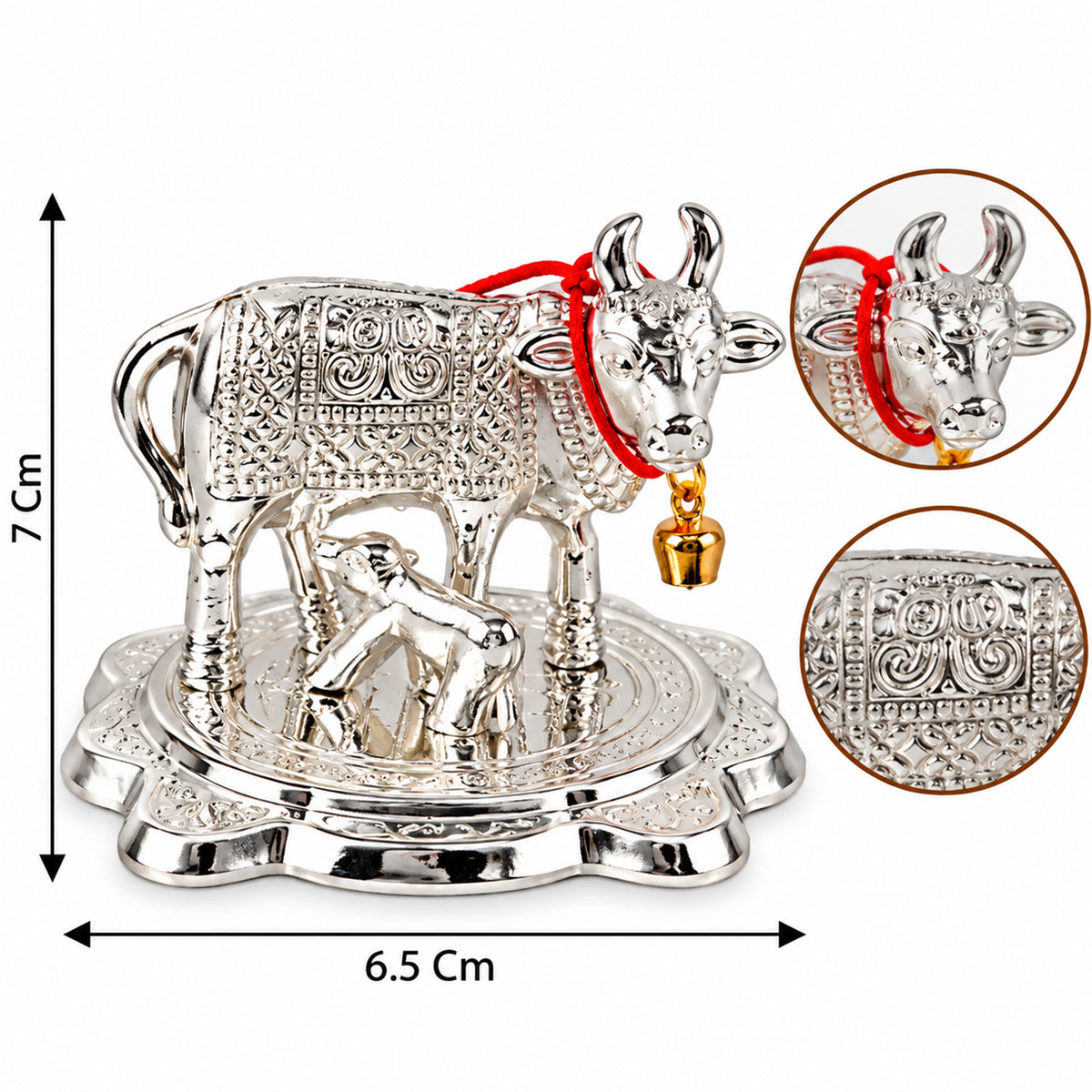 Silver finish Kamdhenu cow and calf idol with velvet box approximate dimensions