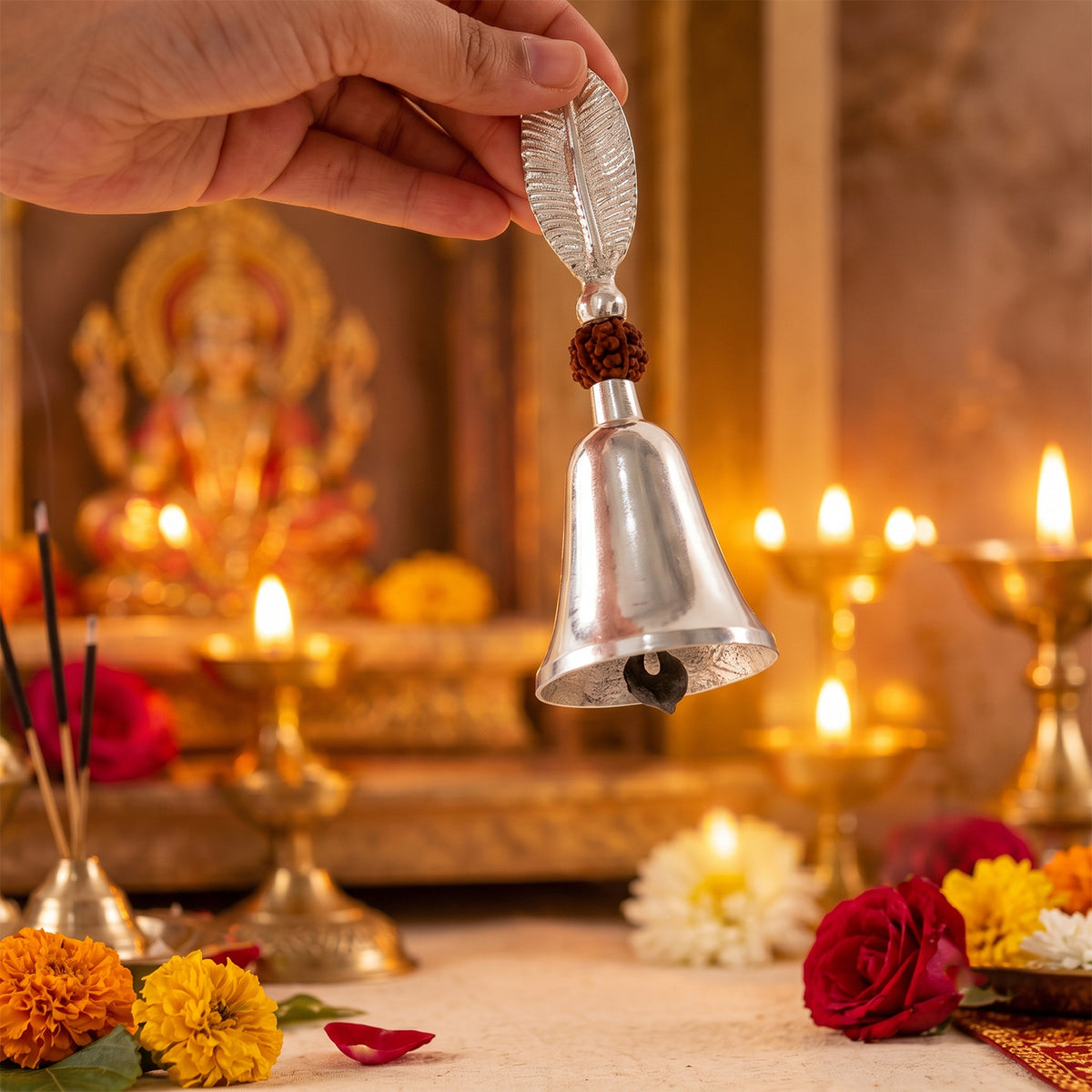 Silver finish pooja bell and diya set 06