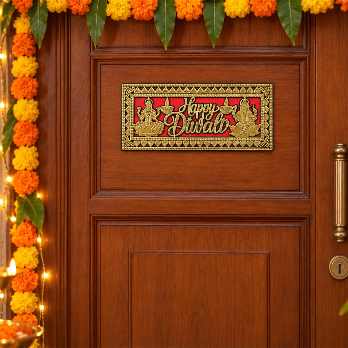 A red and gold Happy Diwali plaque with Lakshmi and Ganesha motifs, gold detailing, and an ornate border is highlighted.