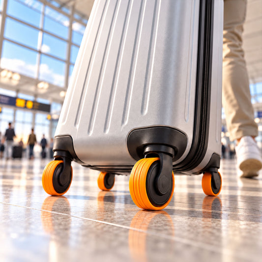 A silver suitcase with bright orange wheel covers rolls across a tiled airport floor.