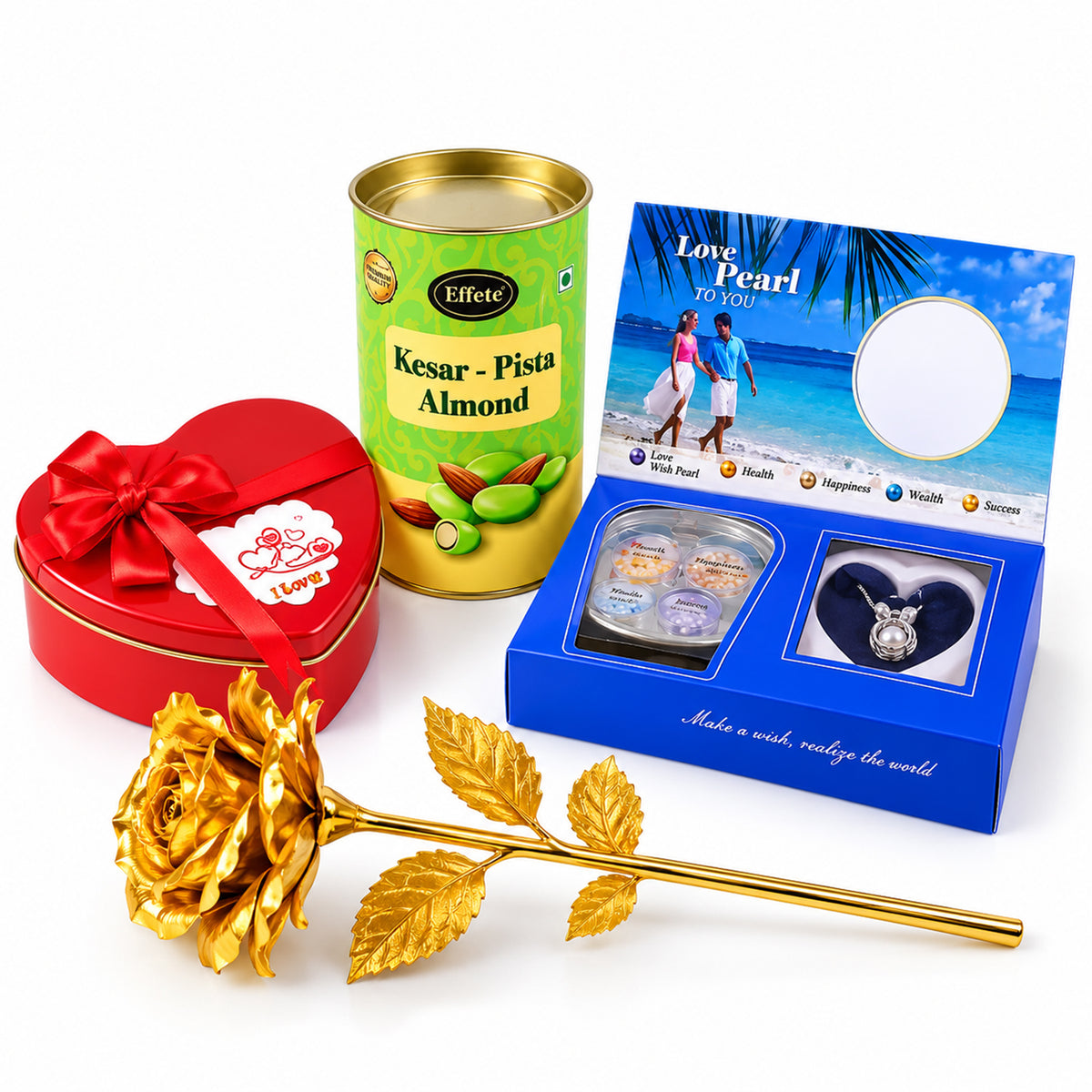 A white background displays the red heart-shaped box, a tin of almonds, a love pearl set, and a golden rose.