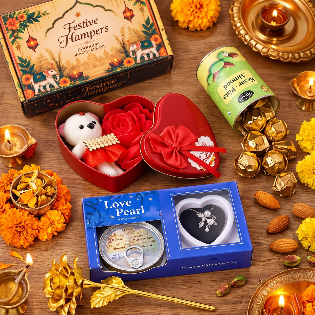 An overhead view of the festive gift hamper, including a teddy bear, chocolates, and decorative elements.