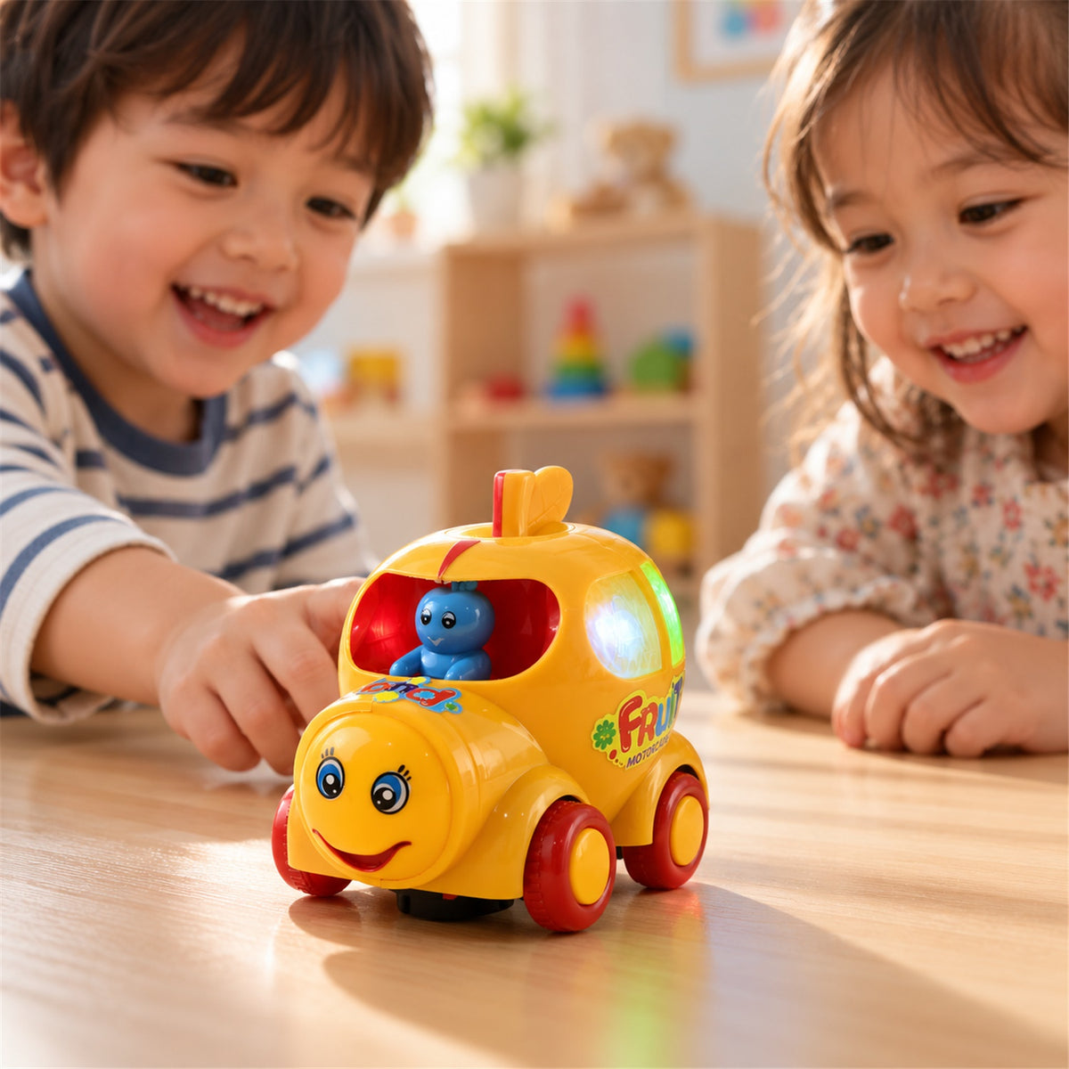 Two smiling children are looking at a yellow musical car toy with a blue driver and colorful lights on a wooden table.