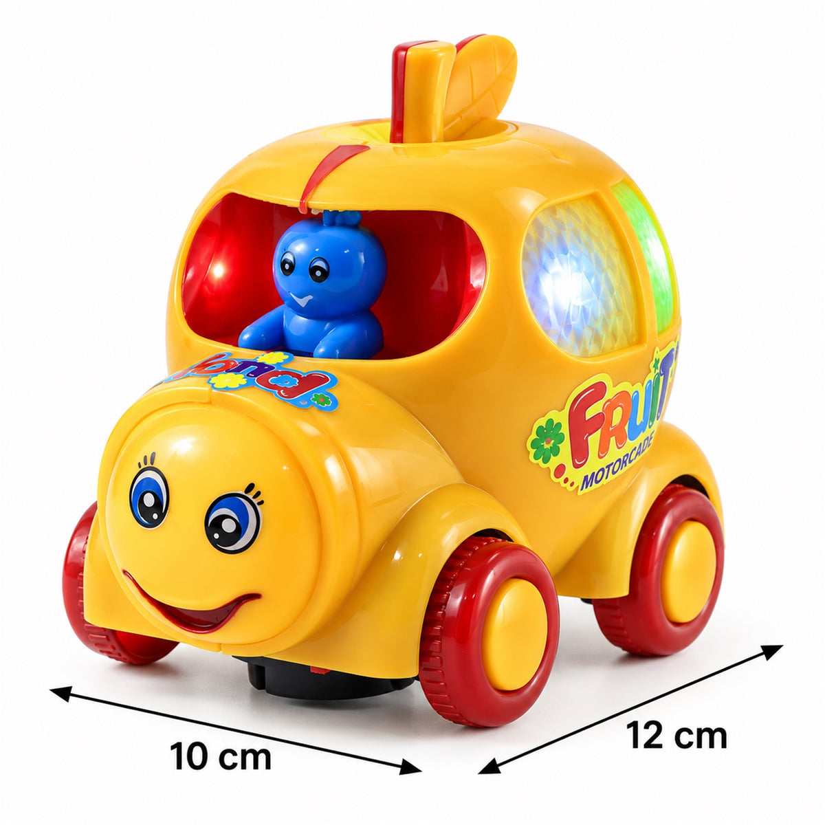 A yellow musical car toy with a blue driver and colorful lights is displayed with dimensions of 10 cm and 12 cm.