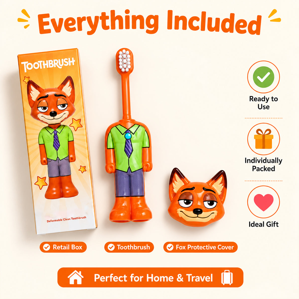 The orange fox character toothbrush, its detached head, and packaging are arranged on a white surface.