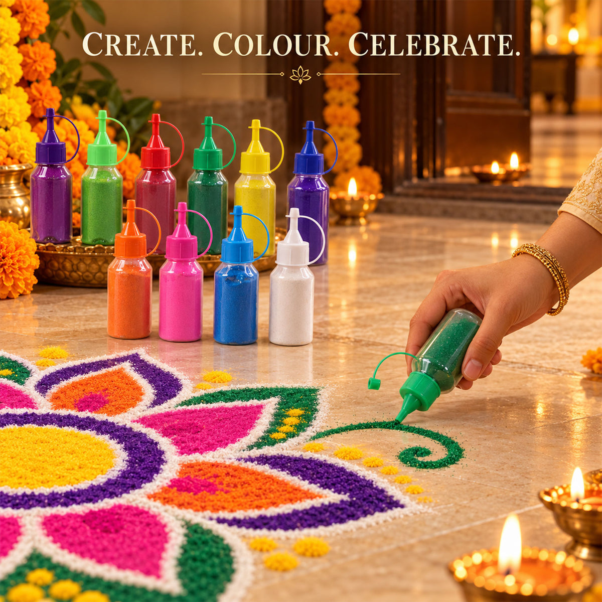 Rangoli colour powder set with ten assorted nozzle bottles for festive floor decoration 03