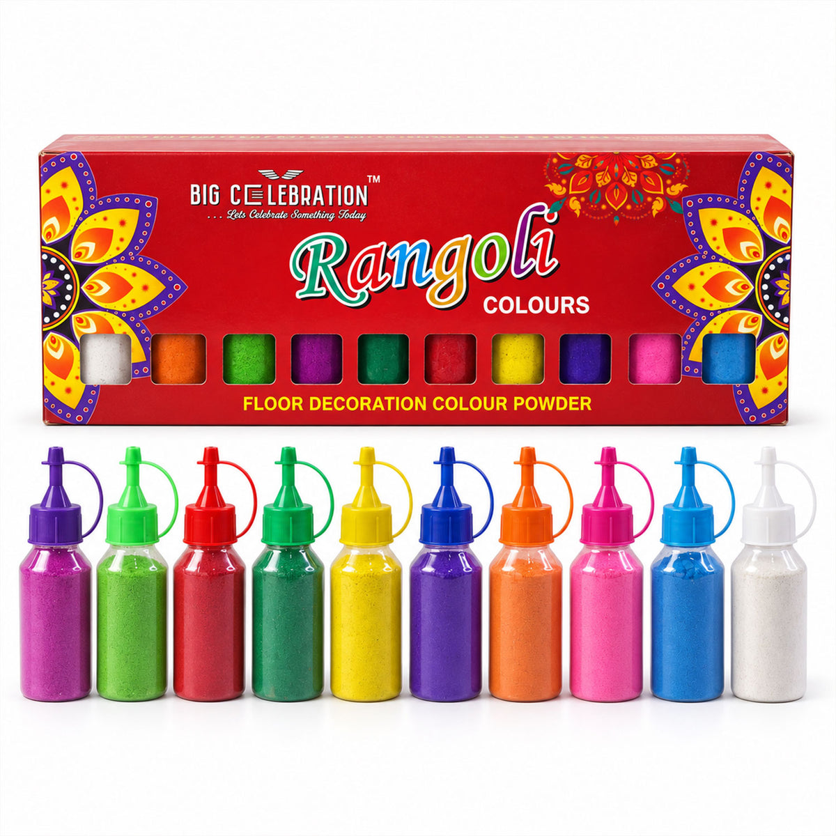 Rangoli colour powder set with ten assorted nozzle bottles for festive floor decoration 07