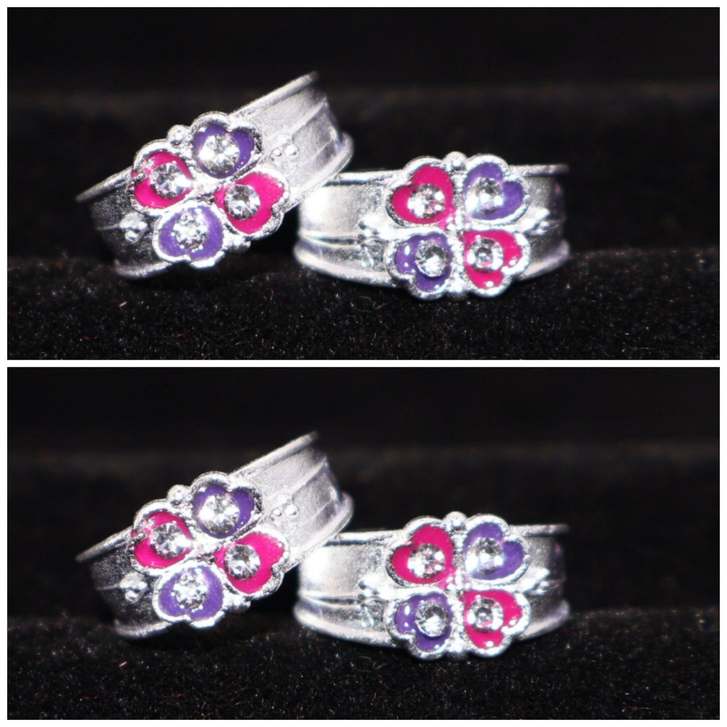 Close-up of silver toe ring with four-petal flower design and shining stone
