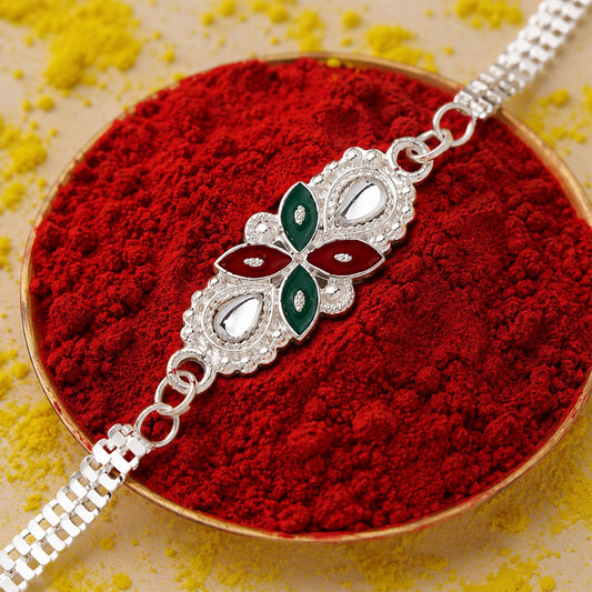 Elegant Floral Red Green Enamel Rakhi for Rakshabandhan Celebration for Bhai