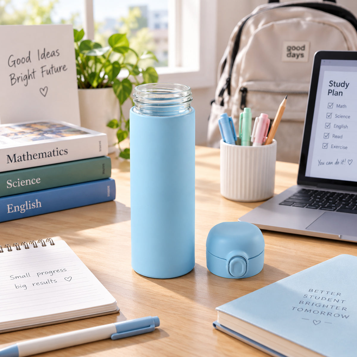 Cartoon print glass water bottle flip top lid