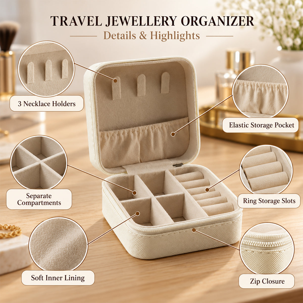 An open beige jewellery box with labels highlighting its features: necklace holders, elastic pocket, ring slots, and soft