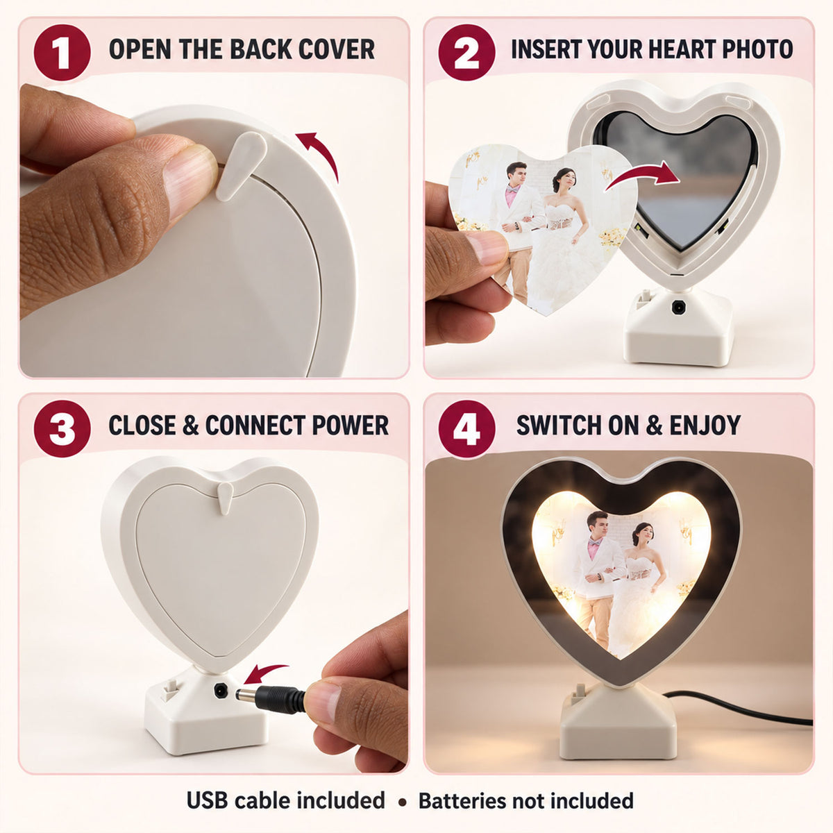 A four-panel graphic illustrating how to open, insert a photo, close, and power on the heart-shaped frame.