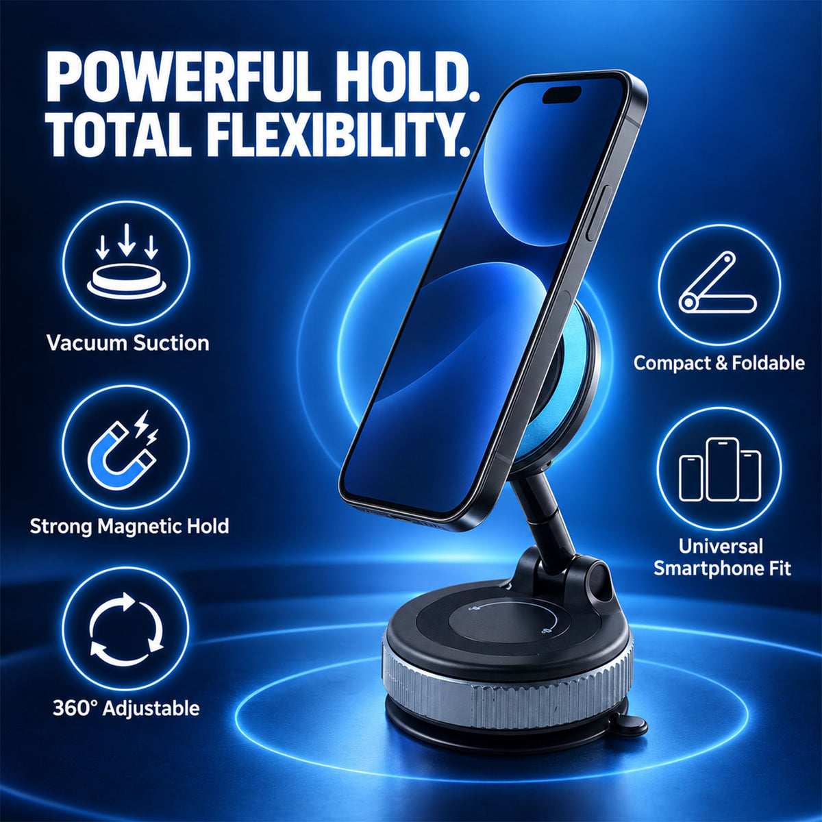A smartphone attached to a black and gray magnetic phone holder, highlighting its vacuum suction and magnetic hold features.