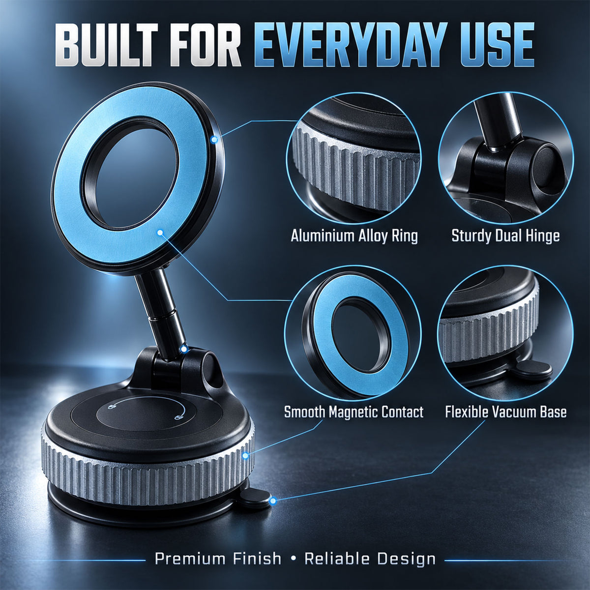 Detailed views of the black and gray magnetic phone holder, emphasizing its aluminum alloy ring and sturdy dual hinge.